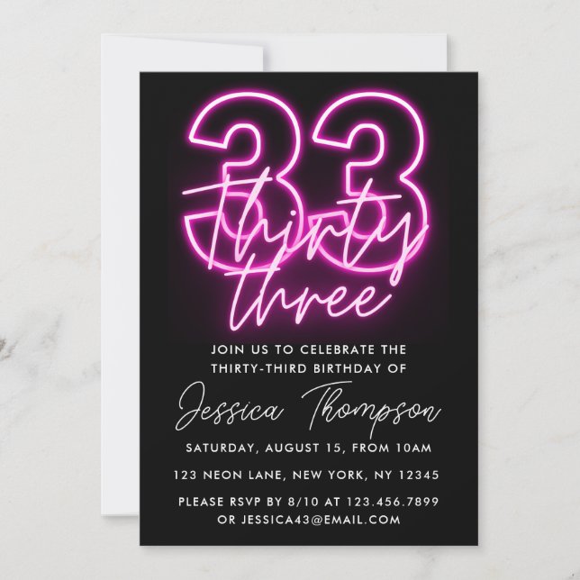 Invitación de cumpleaños de Neon Pink 33 (Anverso)