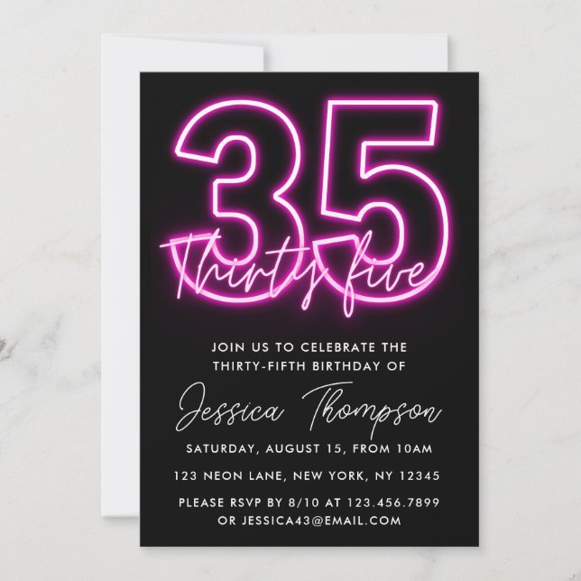 Invitación de cumpleaños de Neon Pink 35 (Anverso)