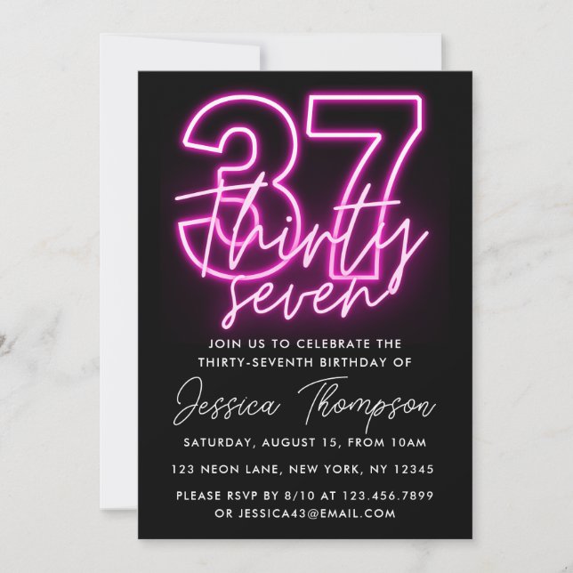 Invitación de cumpleaños de Neon Pink 37 (Anverso)
