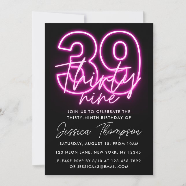 Invitación de cumpleaños de Neon Pink 39th (Anverso)