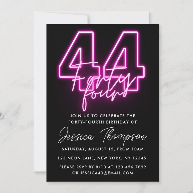 Invitación de cumpleaños de Neon Pink 44th (Anverso)