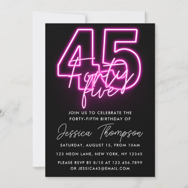 Invitación de cumpleaños de Neon Pink 45 (Anverso)