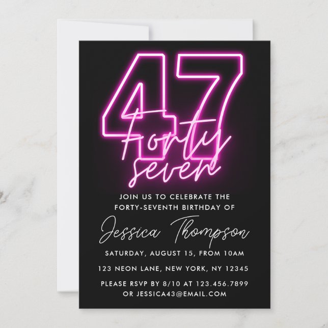 Invitación de cumpleaños de Neon Pink 47 (Anverso)