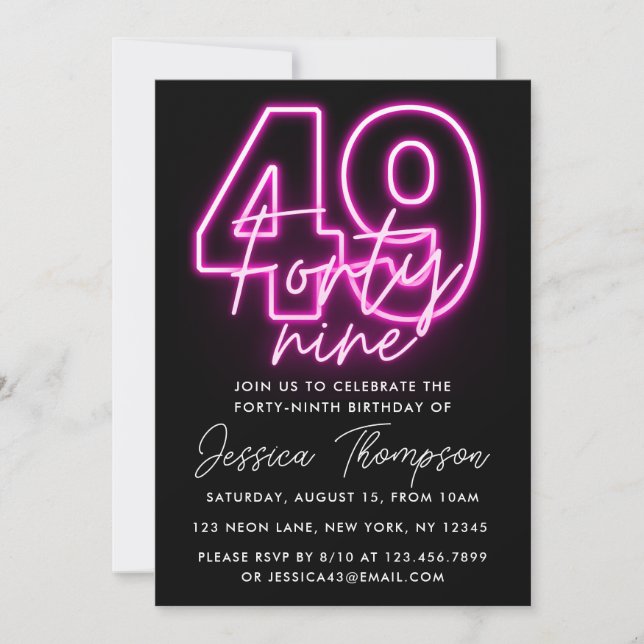 Invitación de cumpleaños de Neon Pink 49th (Anverso)