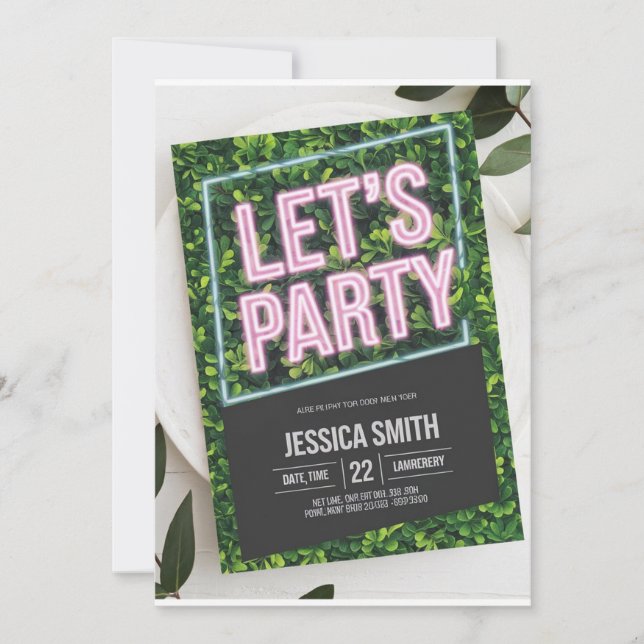 Invitación de cumpleaños de Neon Pink "Let's Fiest (Anverso)