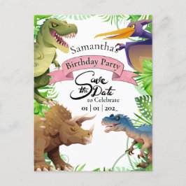 Invitación de cumpleaños de niña adorable dinosaur
