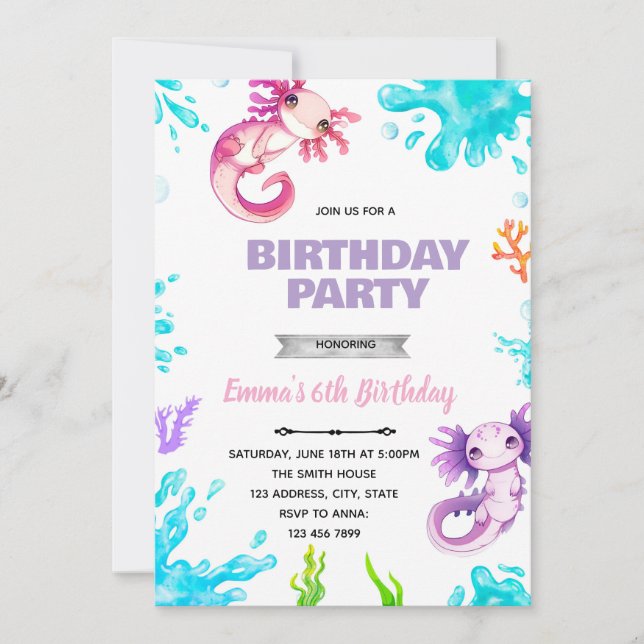 invitación de cumpleaños de niña ajolote (Anverso)