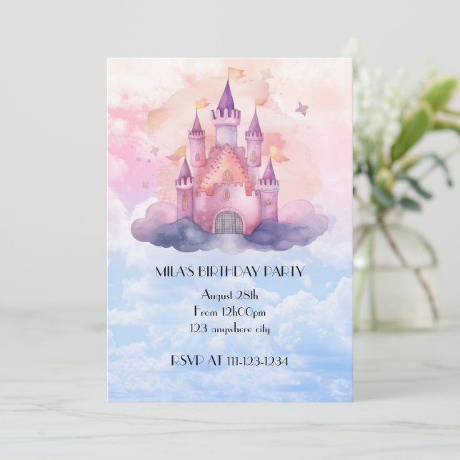 invitación de cumpleaños de niña al castillo de pr (Anverso de pie)