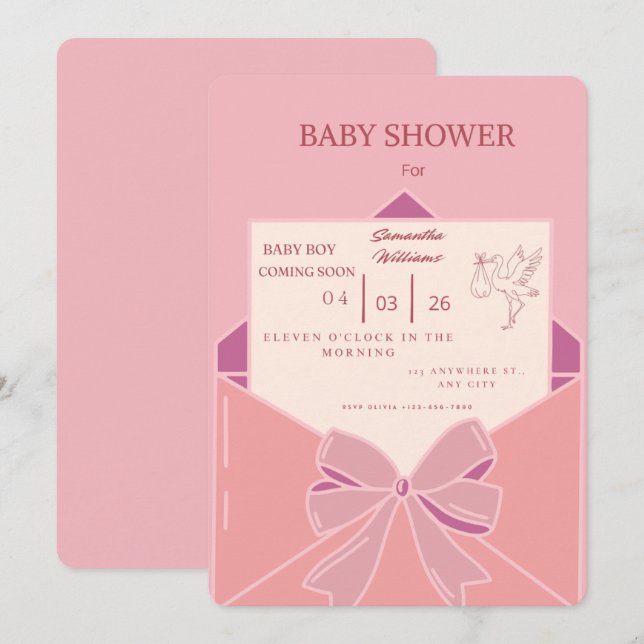Invitación de Cumpleaños de Niña Bebé Cigüeña Rosa (Anverso / Reverso)