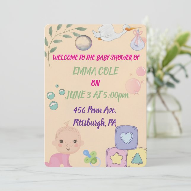 Invitación de Cumpleaños de Niña Bebé con Acuarela (Anverso de pie)