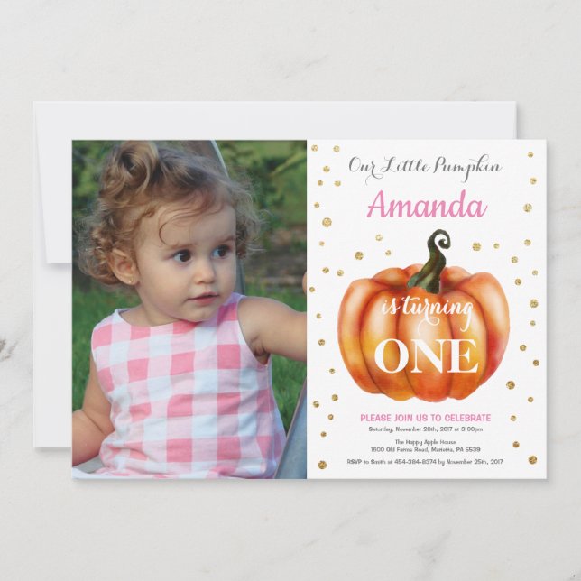 Invitación de cumpleaños de niña calabaza de otoño (Anverso)