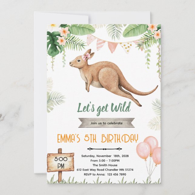 invitación de cumpleaños de niña canguro (Anverso)