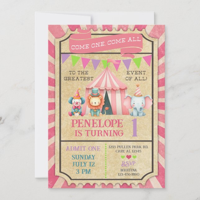 Invitación de cumpleaños de niña carnaval / circo  (Anverso)