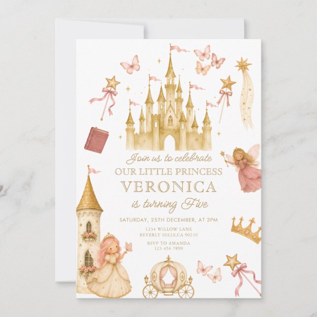 Invitación de cumpleaños de niña Castillo Princesa (Anverso)