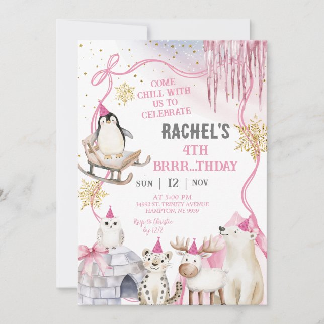 Invitación de cumpleaños de niña con animales árti (Anverso)