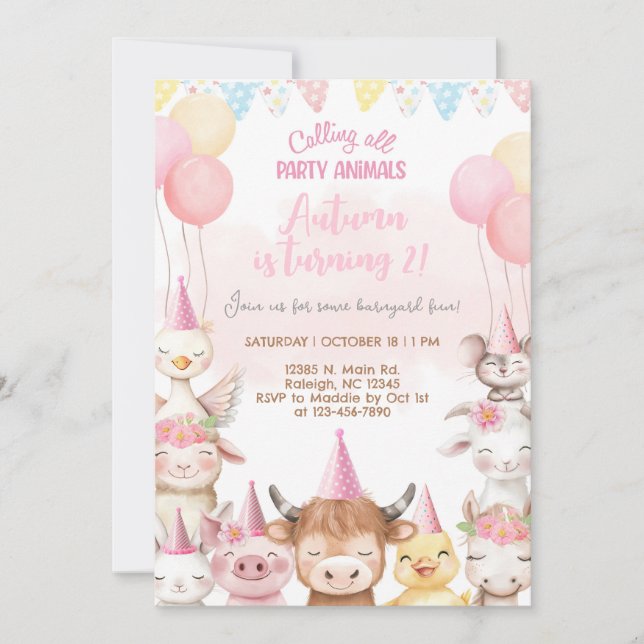 Invitación de cumpleaños de niña con animales de g (Anverso)