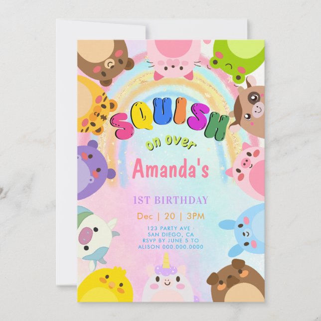Invitación de cumpleaños de niña con arcoíris y an (Anverso)