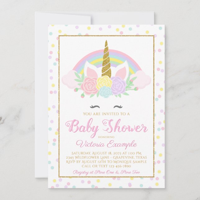 Invitación de Cumpleaños de Niña con Arcoíris y Un (Anverso)