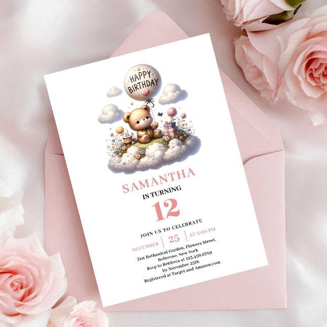 Invitación de cumpleaños de niña con arte de globo (Lovely teddy bear balloon art girl birthday invitation

)