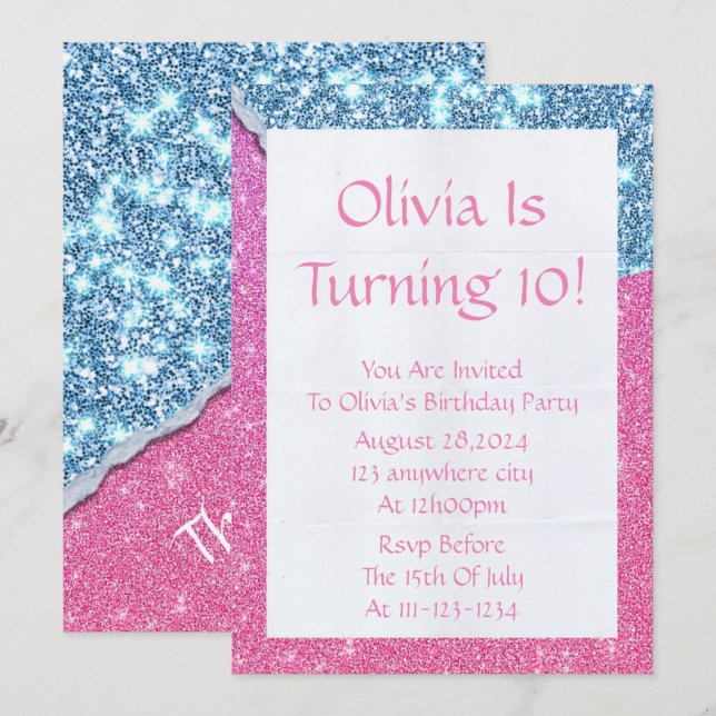 INVITACIÓN DE CUMPLEAÑOS DE NIÑA CON BRILLO ROSA (Anverso / Reverso)