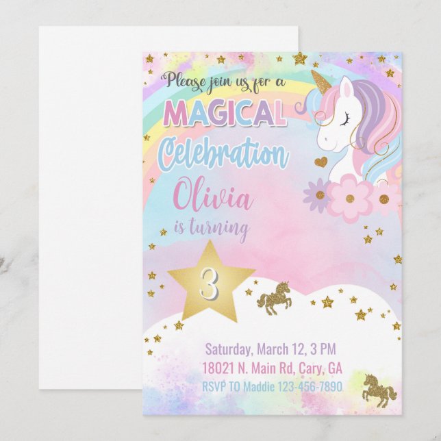 Invitación de cumpleaños de niña con cabeza de uni (Anverso / Reverso)
