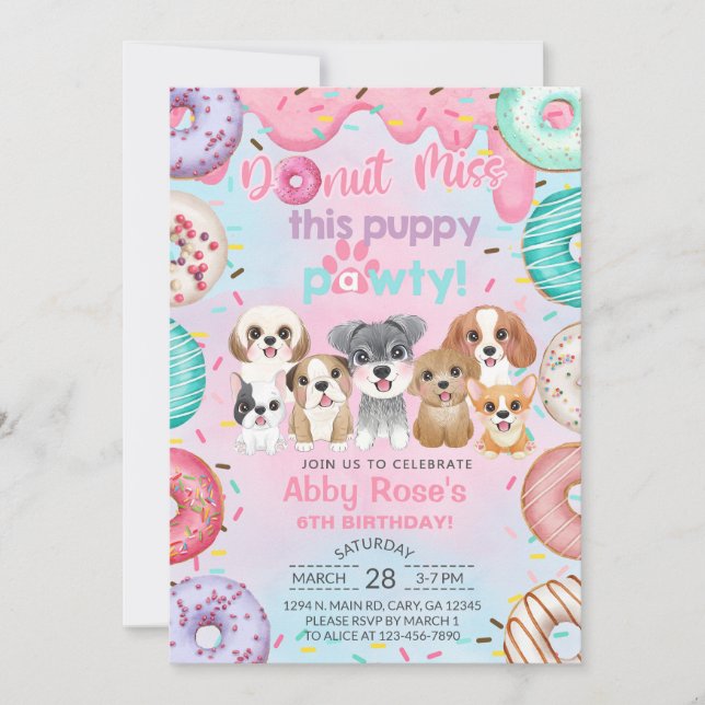Invitación de cumpleaños de niña con cachorros y d (Anverso)