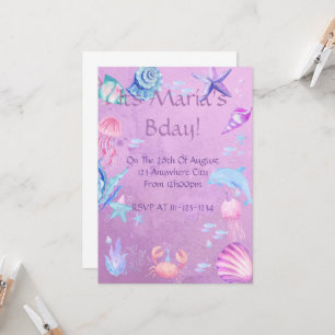 Invitación de cumpleaños de niña con conchas marin