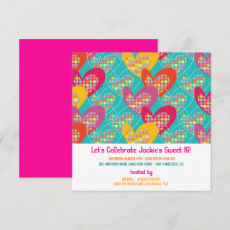 Invitación de cumpleaños de niña con corazones pop