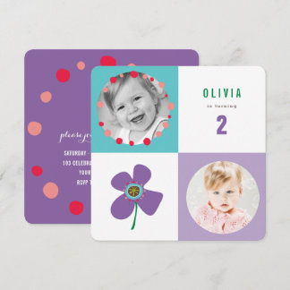 Invitación de cumpleaños de niña con cuadrado de m