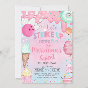 Invitación de cumpleaños de niña con dulces y bolo