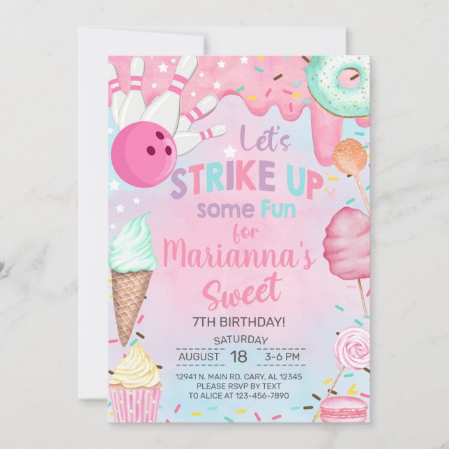 Invitación de cumpleaños de niña con dulces y bolo (Anverso)