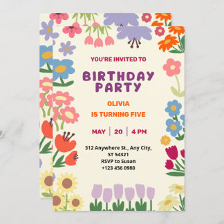 Invitación de Cumpleaños de Niña con Flor de Paste