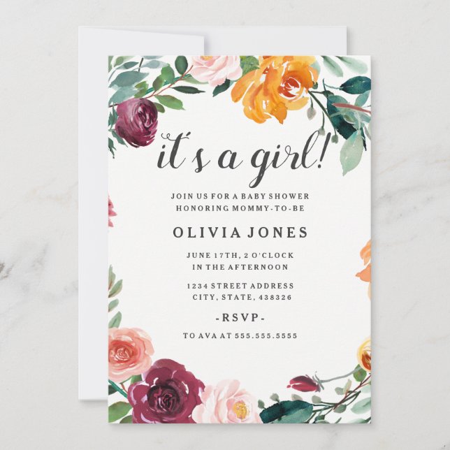 Invitación de cumpleaños de niña con flores bonita (Anverso)