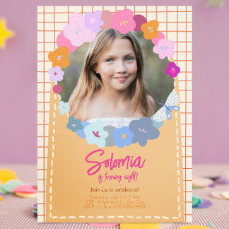 Invitación de cumpleaños de niña con foto de flor 