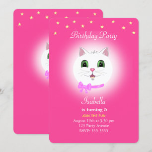 Invitación de cumpleaños de niña con gato y estrel