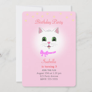 Invitación de cumpleaños de niña con gato y estrel