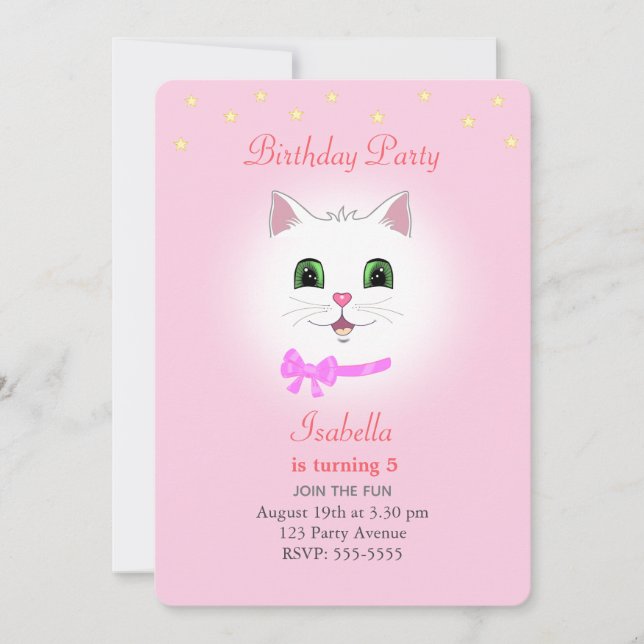 Invitación de cumpleaños de niña con gato y estrel (Anverso)