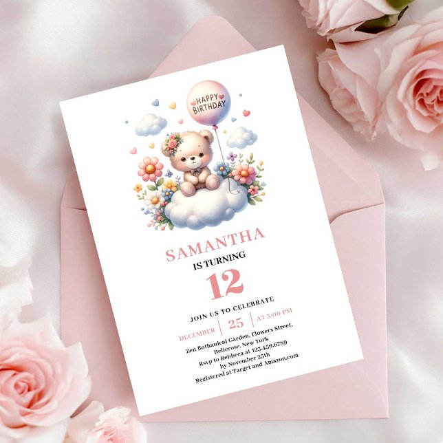 Invitación de cumpleaños de niña con globo de osit (Playful teddy bear balloon girl birthday invitation

)