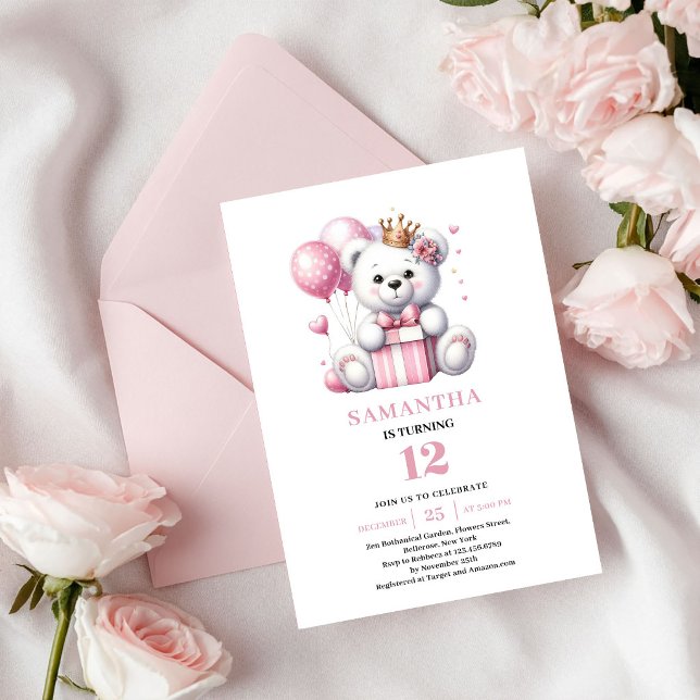 Invitación de cumpleaños de niña con globos de osi (Girl Birthday Party Invite Teddy Bear Balloons)