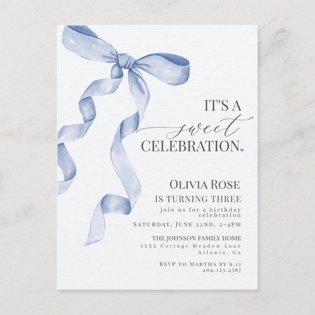 Invitación de Cumpleaños de Niña con Lazo Azul Coq (Anverso)