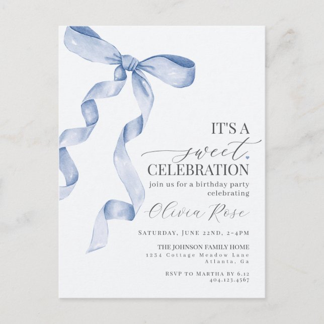Invitación de Cumpleaños de Niña con Lazo Azul Coq (Anverso)