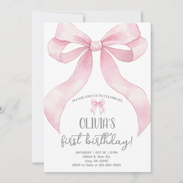 Invitación de cumpleaños de niña con lazo coquette (Anverso)