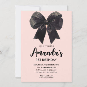 Invitación de cumpleaños de niña con lazo negro el