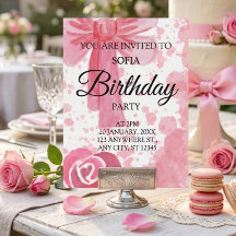 Invitación de cumpleaños de niña con lazo rosa