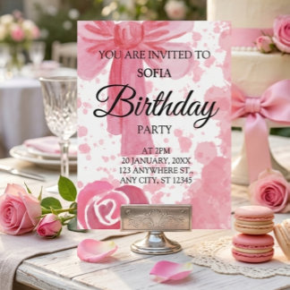 Invitación de cumpleaños de niña con lazo rosa