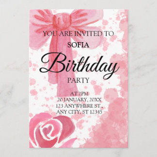 Invitación de cumpleaños de niña con lazo rosa