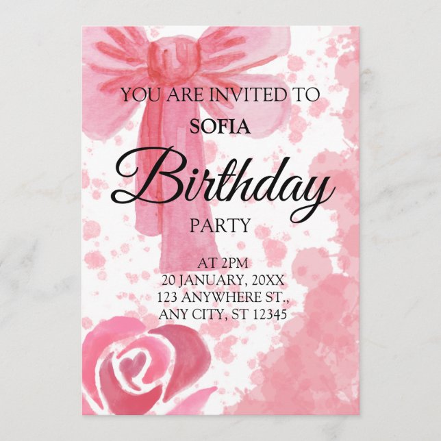 Invitación de cumpleaños de niña con lazo rosa (Anverso)