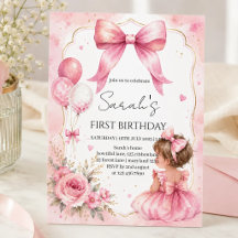 Invitación de cumpleaños de niña con lazo rosa acu