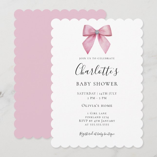 Invitación de Cumpleaños de Niña con Lazo Rosa Chi (Anverso / Reverso)