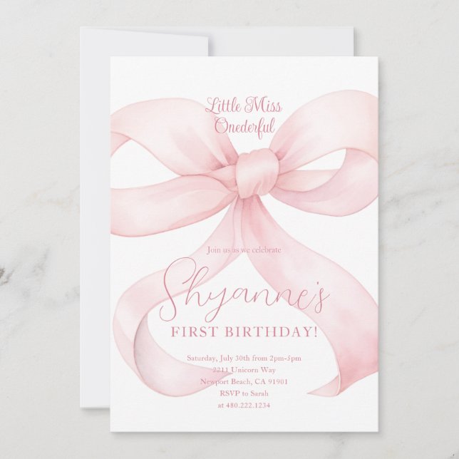 Invitación de cumpleaños de niña con lazo rosa Coq (Anverso)